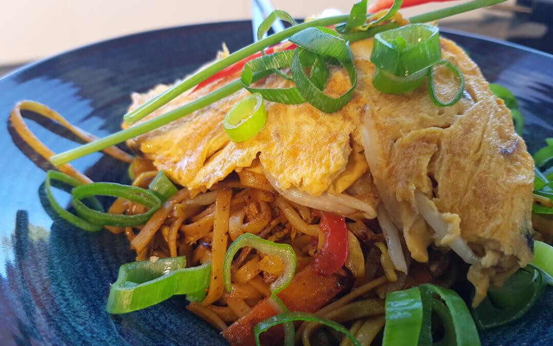 Vegetarian Singapore Noodles with Egg Foo Young